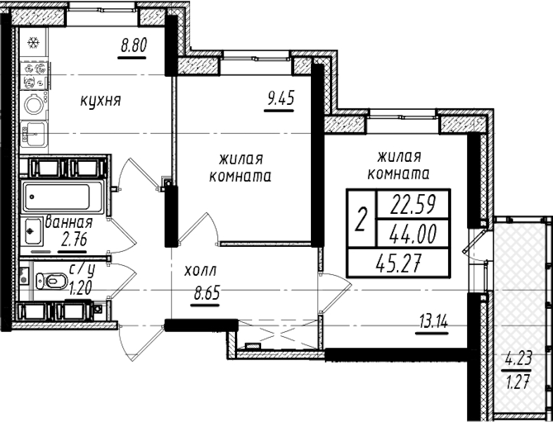 2-комнатная квартира 45.27 м², 25/25 эт., ЖК «Северная Долина»